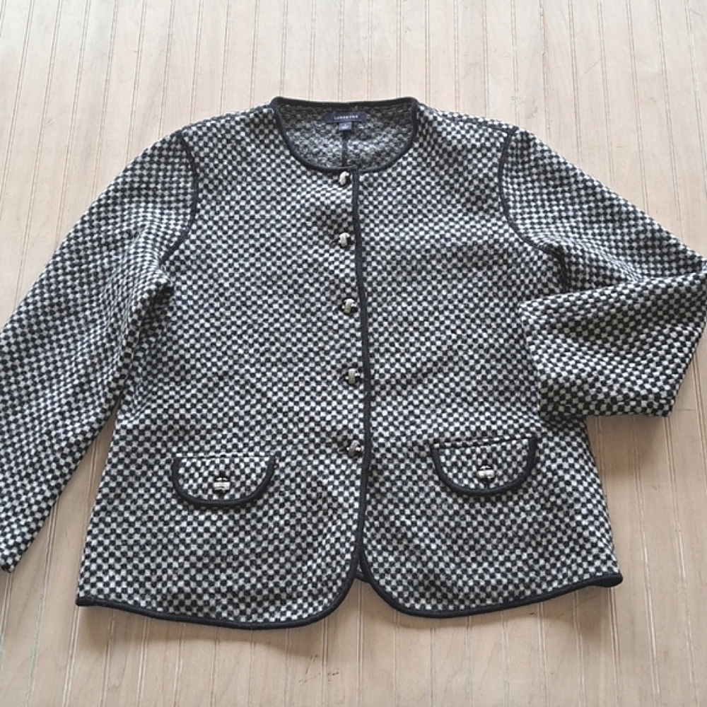 Land's End 100% Wool Classy Checkered Traditional Button Up Cardigan Jacket